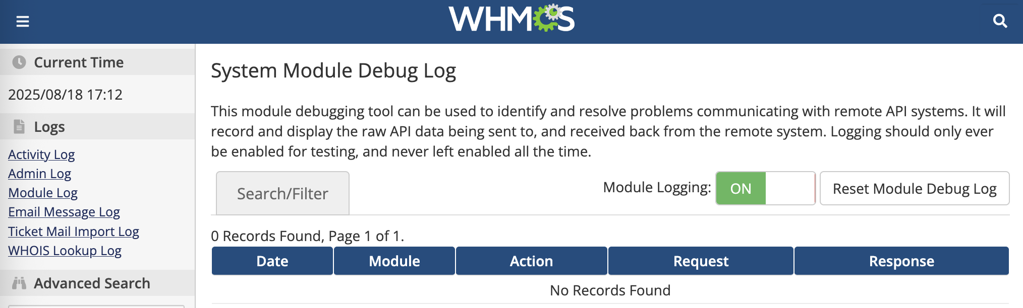 Admin GUI of the WHMCS Module Debug Log interface