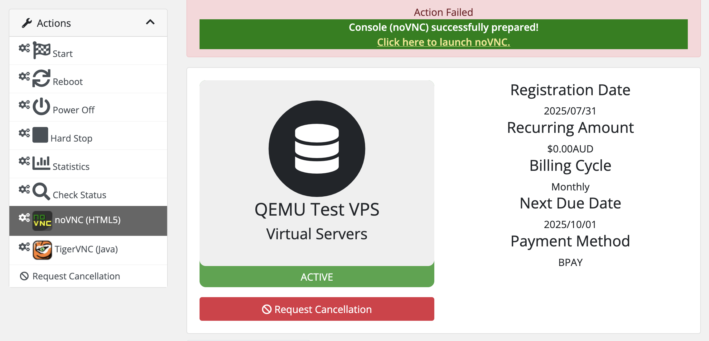 Client Area GUI showing the reply which links off to the VNC Console/Client