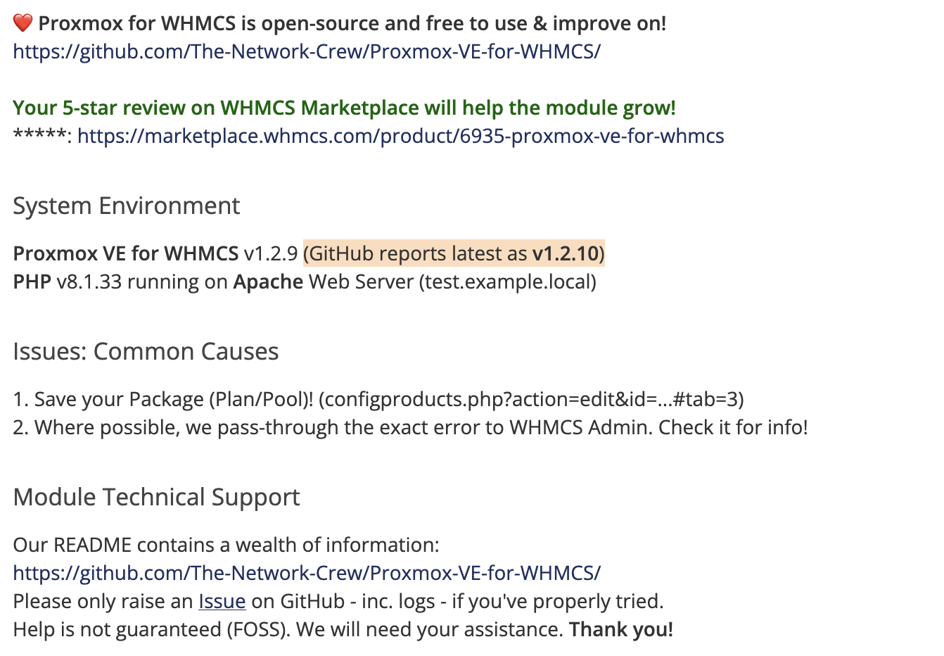 Admin GUI of the Support/Health page (an available update is highlighted)