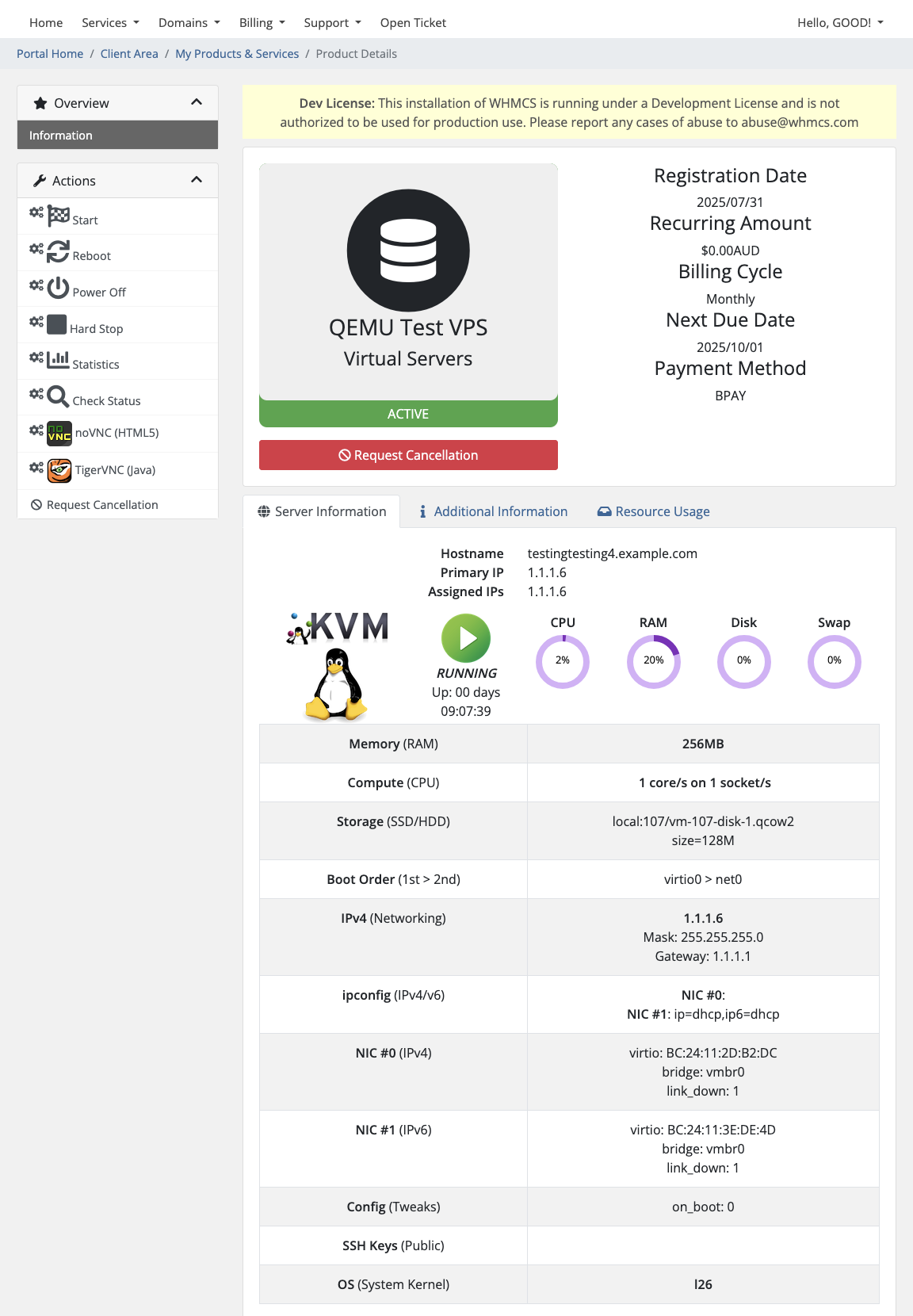 Client Area GUI showing management of a powered-on VM