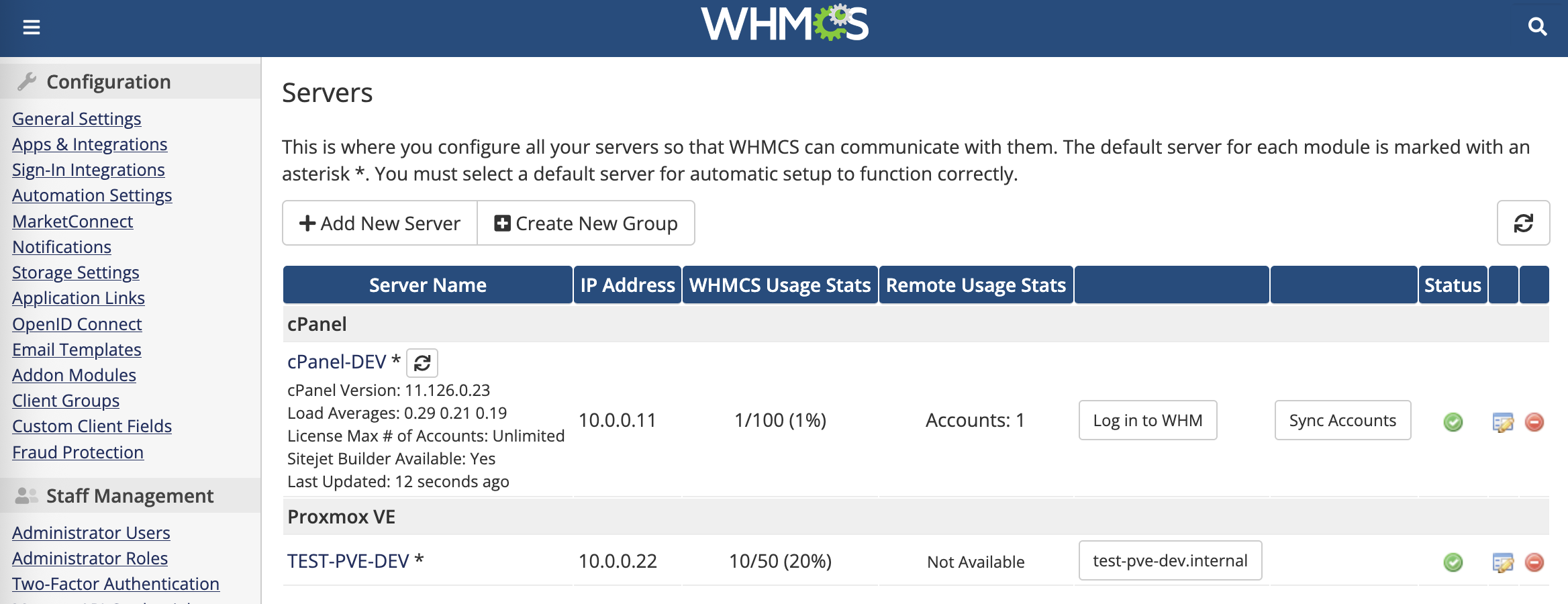 WHMCS Admin > Configuration > Servers interface, showing link button to Proxmox GUI, labelled with the PVE hostname
