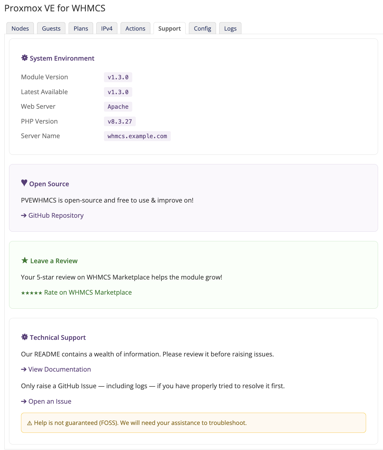 Admin GUI of the Support/Health page (an available update is highlighted)