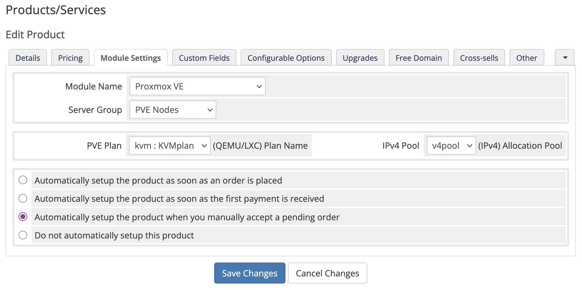 Pane/tab where you need to SAVE the module Plan & Pool against the WHMCS Service