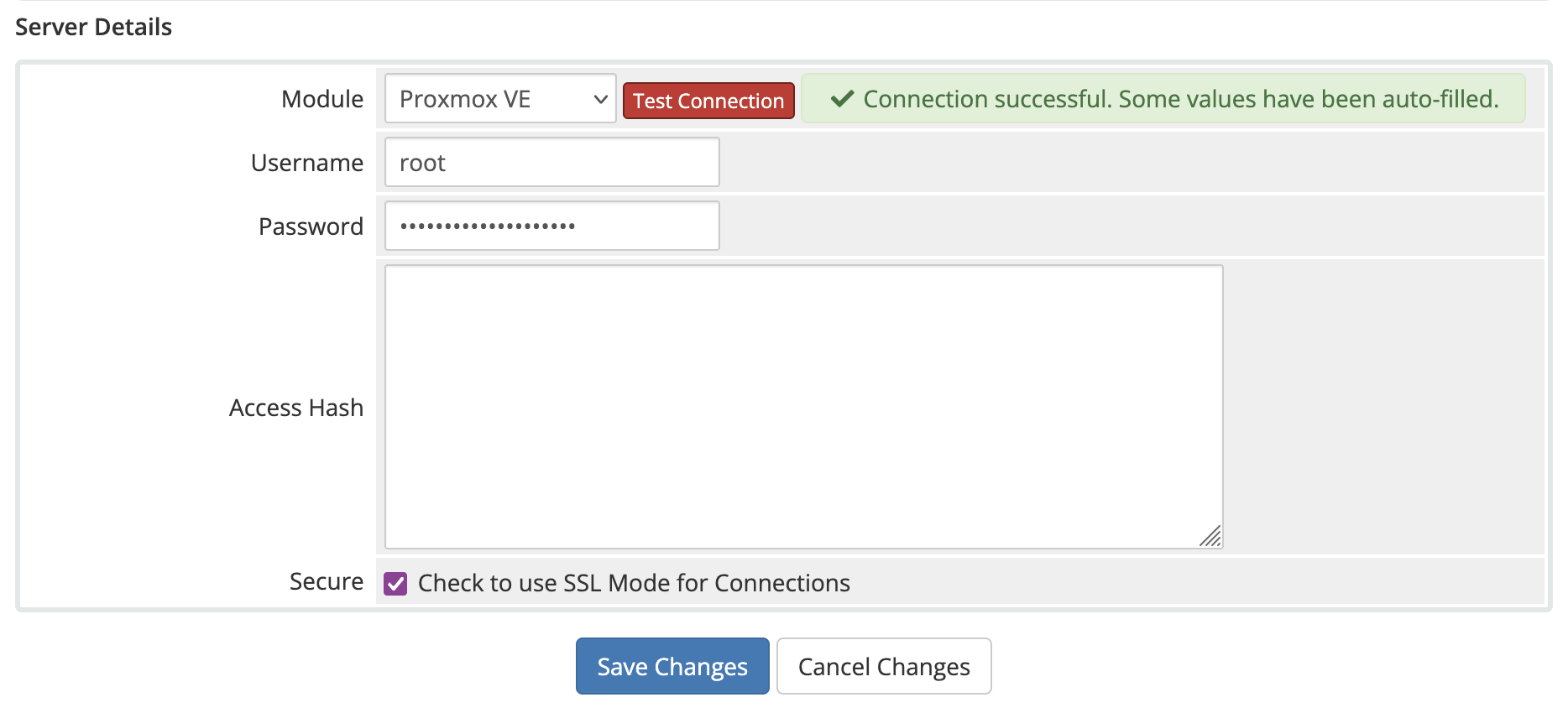 WHMCS Server testing OK for a Proxmox VE (pvewhmcs) server/node