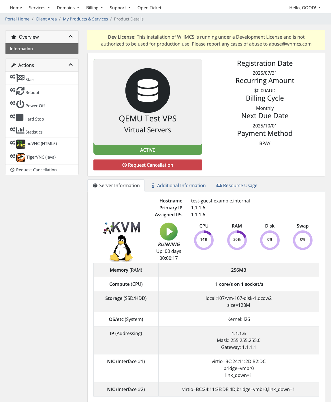 Client Area GUI showing management of a powered-on VM