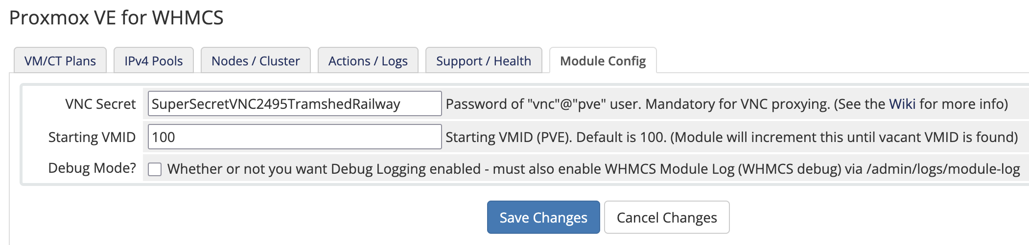 Admin GUI of the Module Config (VNC Secret, Start VMID, Debug Log y/n)